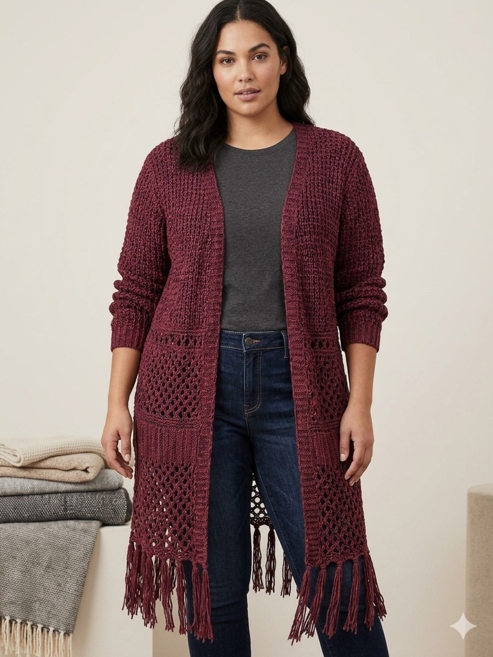 Fringed Open-Front Knit Cardigan in Burgundy 1x/2x